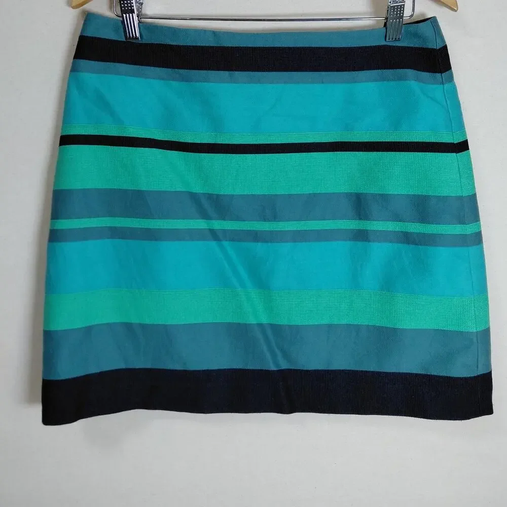 Loft Teal Mini Striped Lined Skirt Women Size 8